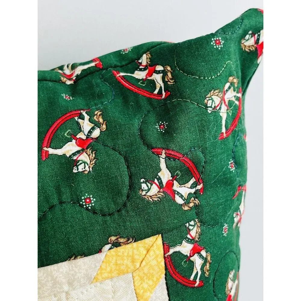 Vintge Christmas Quilted Decor Pillow Red Green Yellow 14x14 Rocking Horse Star